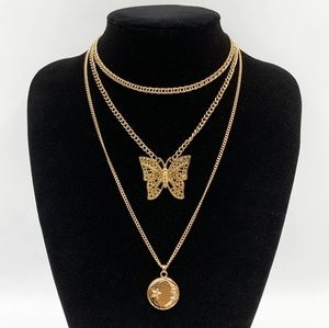 Gold Layered Moon Butterfly Pendant Necklace Chain